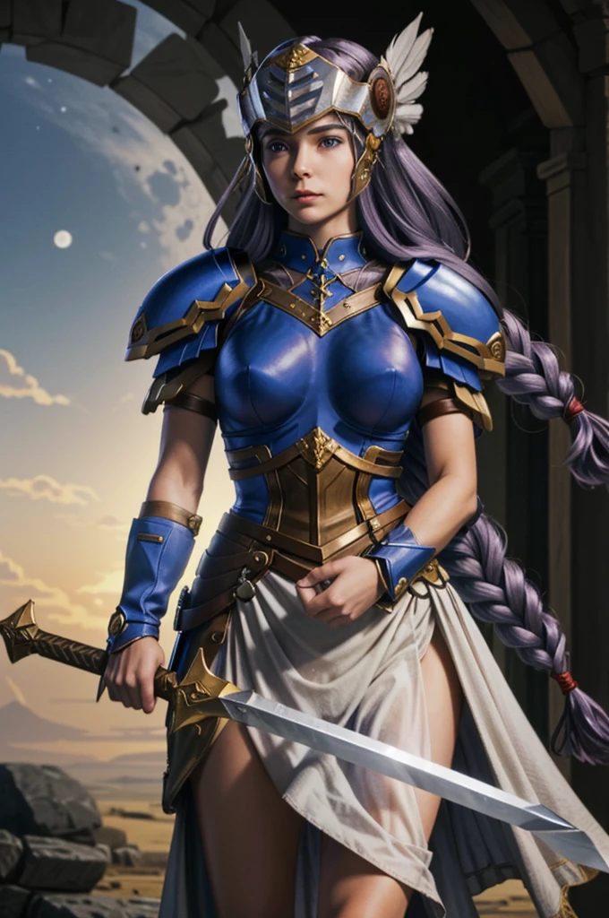 (masterpiece, best quality) ValkyrieProfileLenneth, 1girl, solo, long hair, breasts, looking at viewer, blue eyes, holding, medium breasts, very long hair, weapon, purple hair, braid, sword, holding weapon, armor, single braid, holding sword, moon, helmet, feathers, shoulder armor, full moon, pauldrons, breastplate, armored dress, winged helmet, blue armor, valkyrie