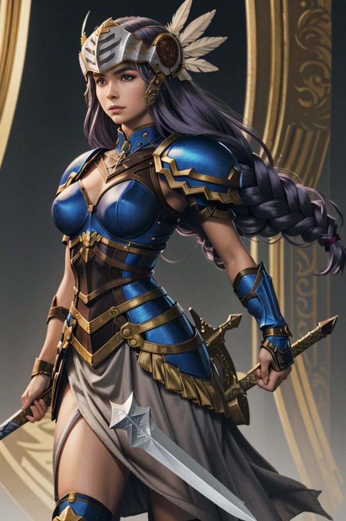 (masterpiece, best quality) ValkyrieProfileLenneth, 1girl, solo, long hair, breasts, looking at viewer, blue eyes, holding, medium breasts, very long hair, weapon, purple hair, braid, sword, holding weapon, armor, single braid, holding sword, moon, helmet, feathers, shoulder armor, full moon, pauldrons, breastplate, armored dress, winged helmet, blue armor, valkyrie