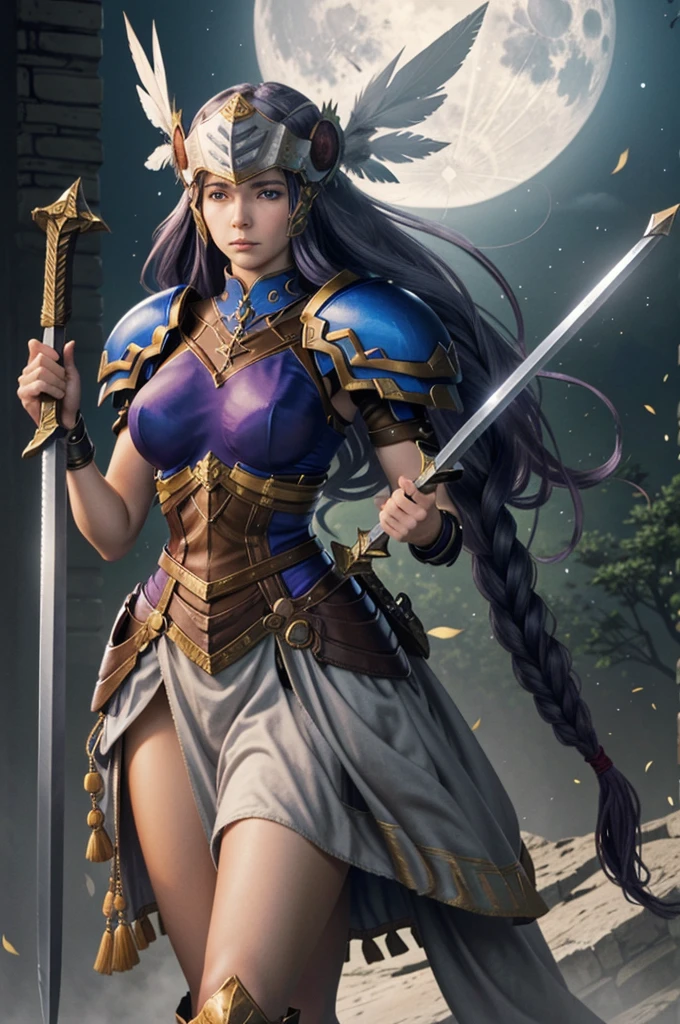 (masterpiece, best quality) ValkyrieProfileLenneth, 1girl, solo, long hair, breasts, looking at viewer, blue eyes, holding, medium breasts, very long hair, weapon, purple hair, braid, sword, holding weapon, armor, single braid, holding sword, moon, helmet, feathers, shoulder armor, full moon, pauldrons, breastplate, armored dress, winged helmet, blue armor, valkyrie