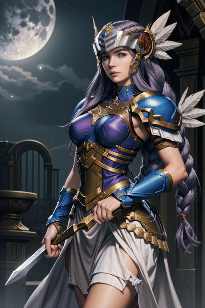 (masterpiece, best quality) ValkyrieProfileLenneth, 1girl, solo, long hair, breasts, looking at viewer, blue eyes, holding, medium breasts, very long hair, weapon, purple hair, braid, sword, holding weapon, armor, single braid, holding sword, moon, helmet, feathers, shoulder armor, full moon, pauldrons, breastplate, armored dress, winged helmet, blue armor, valkyrie