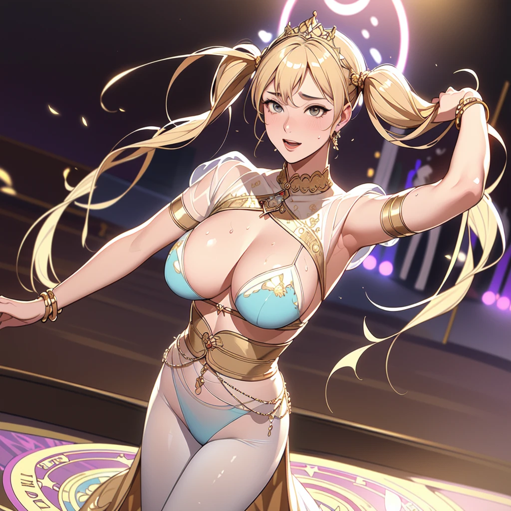 Highest quality, 8k, (One Girl:1.3, Full body portrait),(((Big Breasts:1.1))), (Colorful illustration:1.4), (masterpiece, Highest quality, Official Art), ((Very delicate and beautiful)), ((華やかなDancing girlの衣装、Gold embroidery, Face Veil, See-through harem pants)), ((Dancing girl)), (Shining jewels on the waist and chest, bracelet, Decorative collar), ((Dancing)), ((Twin tails)), ((Stand on a circular stage)) , (Sweat flying), (Sexy and dynamic dance), ((A crowd of enthusiastic men surrounding a girl)), Tavern