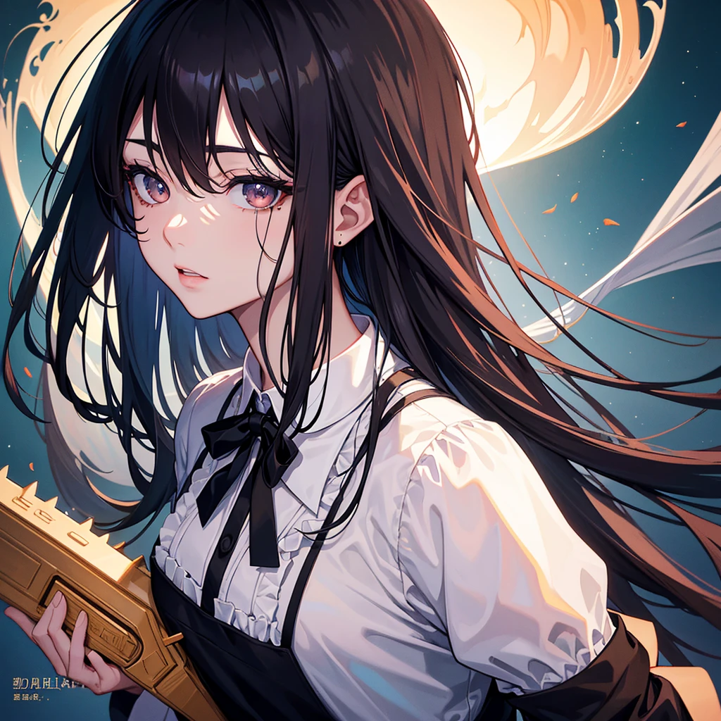 (Surrealism), (illustration), (high resolution), (8K), (Extremely detailed), (best illustration), night ( Chainsaw Man ), (美丽Delicate eyes), (best quality), (Extremely detailed), (masterpiece), (wallpaper), (Delicate face), Solitary, Upper Body, Focus on the face, 1 girl, Black long hair, Korean, Thin eye shadow, Delicate eyes, Brown eyes, There is a small mole under the eye, Long-sleeved shirt, Neck arch,  Small Breasts, Apron Dress, Dynamic poses, Low lighting, night晚, dark, cloud, dark night晚