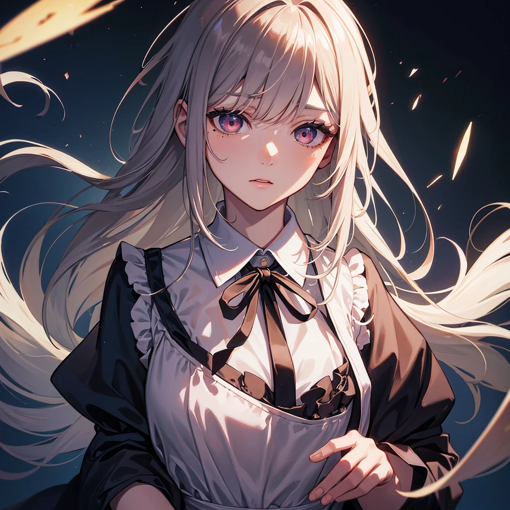 (Surrealism), (illustration), (high resolution), (8K), (Extremely detailed), (best illustration), night ( Chainsaw Man ), (美丽Delicate eyes), (best quality), (Extremely detailed), (masterpiece), (wallpaper), (Delicate face), Solitary, Upper Body, Focus on the face, 1 girl, Black long hair, Korean, Thin eye shadow, Delicate eyes, Brown eyes, There is a small mole under the eye, Long-sleeved shirt, Neck arch, Small Breasts, Apron Dress, Dynamic poses, Low lighting, night晚, dark, cloud, dark night晚