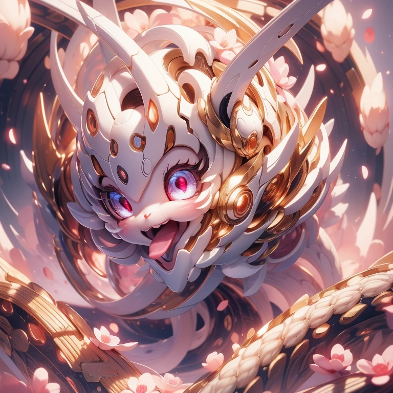 masterpiece, best quality, white snake, cute, small, round ball-like body, cute face, glowing eyes, tongue out, laughing,  floating, simple background, solo, Surrealism, drop shadow, stereogram, tachi-e, pov, atmospheric perspective, 8k, super detail, best quality