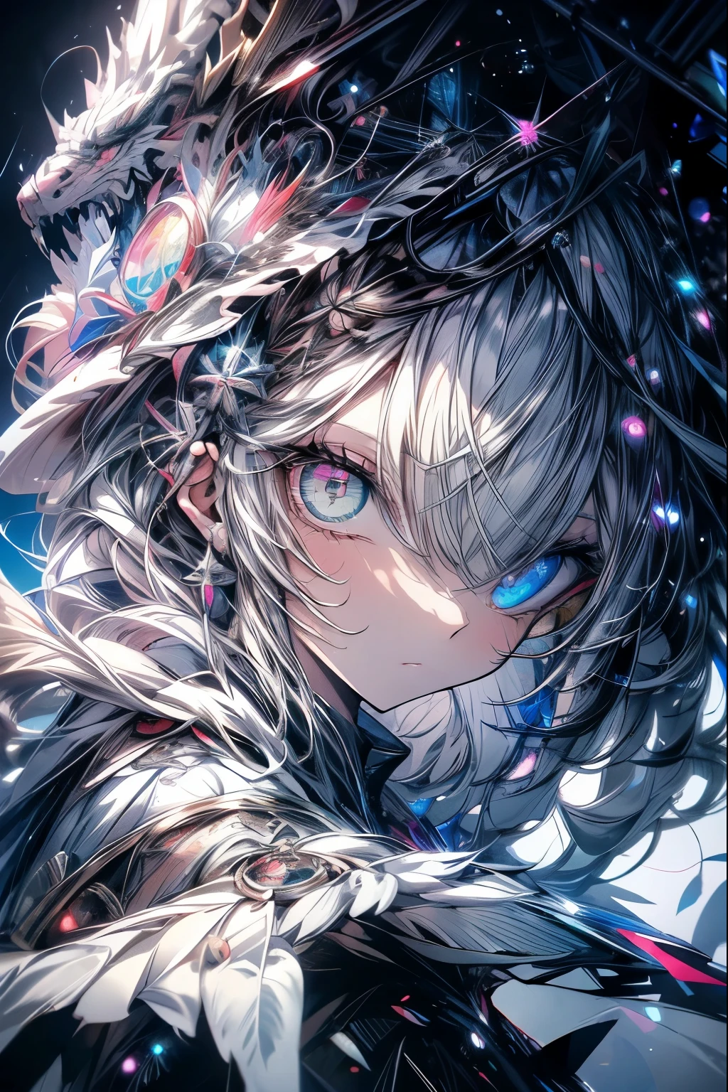 masterpiece, best quality, high resolution, A monster angel that looks holy，Asymmetry，His eyes were waiting for heterochromia，His entire body consists of a huge one-eyed eye，A metal ring on one eye，The ring is crawling with eyeballs，Dragon with many wings holy angel on white