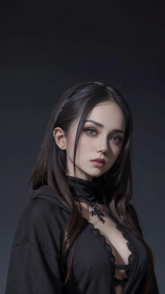 a gothic emo girl with dark intense eyes, beautiful piercing gaze, long eyelashes, detailed facial features, Long Straight black hair, Big Breasts, emotive expression, black hoodie, dark aesthetic, dramatic lighting, cinematic composition, moody color palette, brooding atmosphere, masterpiece, 8k, photorealistic