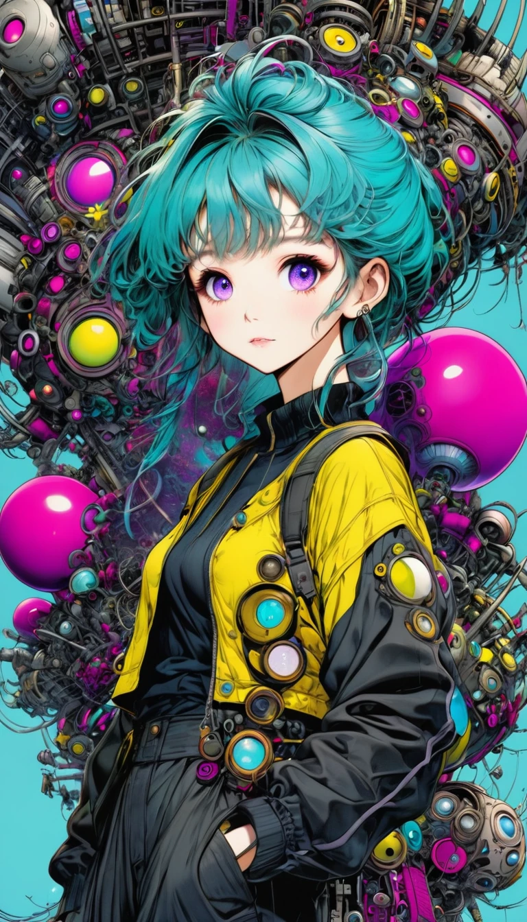 ((pay attention to the plan:1.5, General plan, all-body:1.5)), 1 beautiful girl in technical clothes, Mechanical spider, circles, fractals,(black outline art) by Yoshitaka Amano,Travis Charest. colors, land, Cyan, yellow, Unripe. magenta, violet, Cyan, High definition, image hypersharpness,(best qualityer:1.3, 32 mil,High definition:1.3, 4x ,ultra sharp, high resolution, proffesional) ,cinematographic, Fisheye photography:1.6,