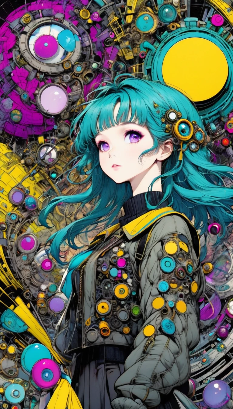 ((pay attention to the plan:1.5, General plan, all-body:1.5)), 1 beautiful girl in technical clothes, Mechanical spider, circles, fractals,(black outline art) by Yoshitaka Amano,Travis Charest. colors, land, Cyan, yellow, Unripe. magenta, violet, Cyan, High definition, image hypersharpness,(best qualityer:1.3, 32 mil,High definition:1.3, 4x ,ultra sharp, high resolution, proffesional) ,cinematographic, Fisheye photography:1.6,