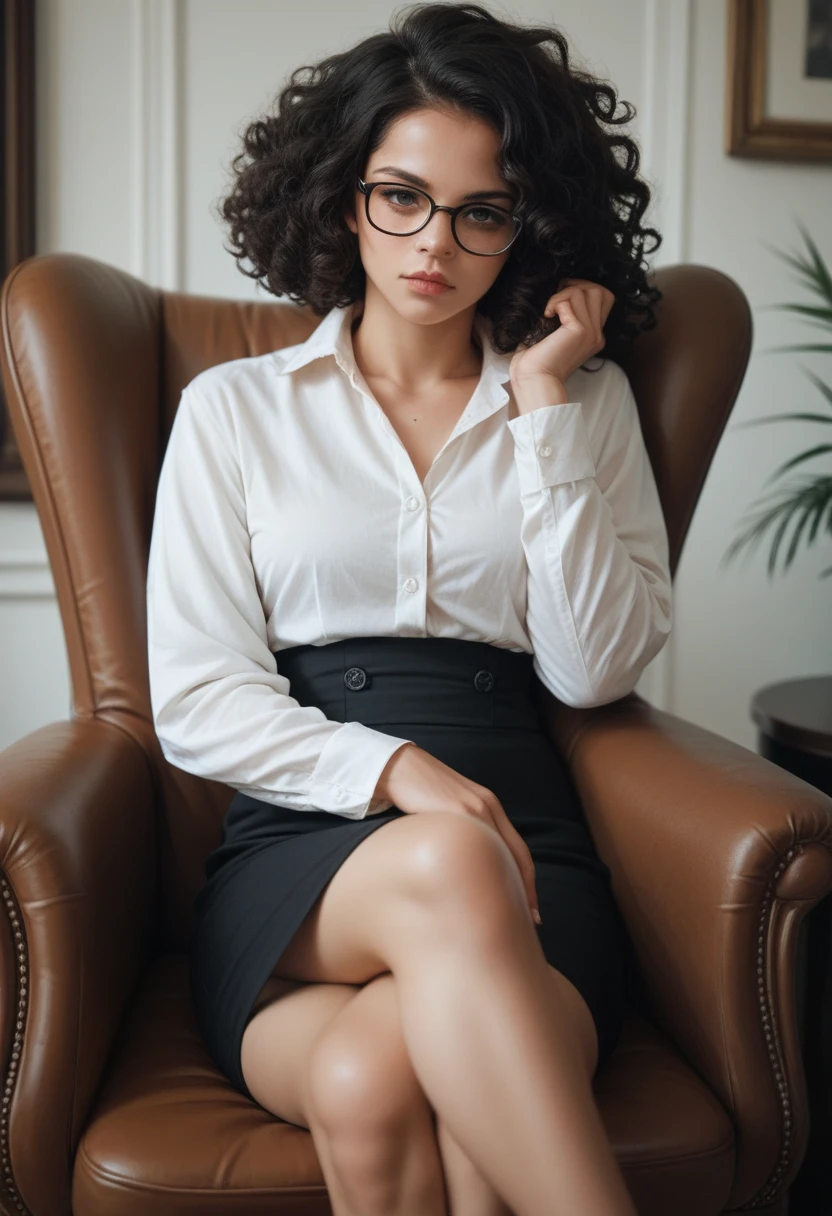 Black woman with big , curly hair, wearing glasses, wearing a black dress shirt,Black Skirt,legs crossed on chair