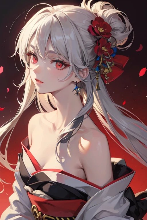 (masterpiece:1.2, best quality), (Exquisite eyes: 1.2), ((1 Girl)), ((Solitary)), (Red Eyes:1.4), (Exquisite eyes and exquisite face:1.3), ( Beautiful clear background: 1.2), (Extremely detailed CG, Very detailed, Best shadow: 1.1), ((Depth of Field)), ((watercolor)), (them: 1.5), (kimono: 1.3), Big , Bare shoulders, flowers and petals, Beautiful concept art, (White background: 0.5), (illustration: 1.1), (Extremely subtle: 1.1), (Perfect details: 1.1), contour, Cowboy shooting,