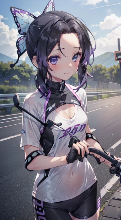 kochou shinobu, (((((Road bike))))), (((Cycling Shorts, Cycling shirts))), bicycleに乗る, whole body, boost mood, Ultra-realistic 8K CG,masterpiece,, ((Highly detailed background,Delicate pattern,Intricate details, Fine and beautiful eyes)),The best quality in the best condition,とてもとてもとても詳細なface, Highly detailed eyesとface,Highly detailed eyes,kochou shinobu,Multicolored Hair,No bangs,Hair Intake,, Purple eyes,,butterfly,band,(熱band庭園:1.2),Purple Flower,mostly cloudy null,Tyndall effect,slope_null,face,beautiful null,,Seductive posture,(Cleavage:1.3), woman,,Road bike,No underwear, Small breasts,cute, (((Cycling Shorts))),,Laughing with your mouth open, ((Sweat))(See through),((bicycle)),((Black Hair)),blush,((Recall))(Sweatで濡れた)Reflecting the buttocks,bicycleのスパッツ, Mountain