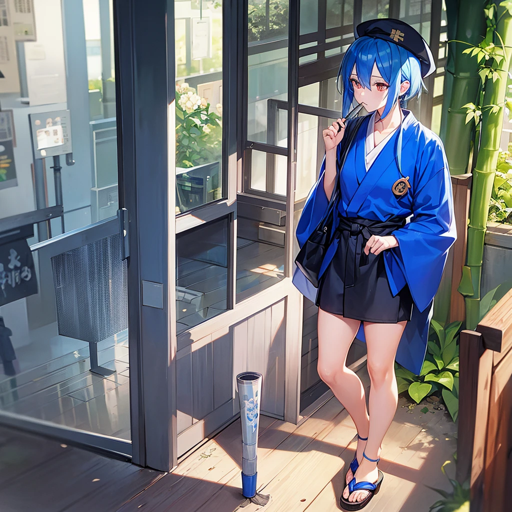 Blue Hair　Blue student cap　Blue kimono　Black trousers　Sandals　Eating bamboo shoots　Orange Eyes
