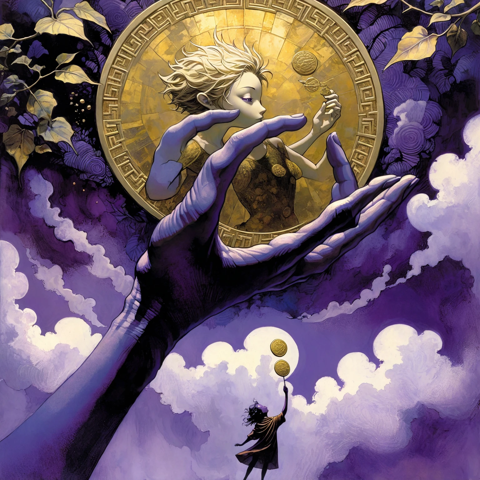 Over a leafy purple garden, a hand emerges from a cloud carrying a giant gold coin.(art inspired by Dave Mckean, intricate details, oil painting)
