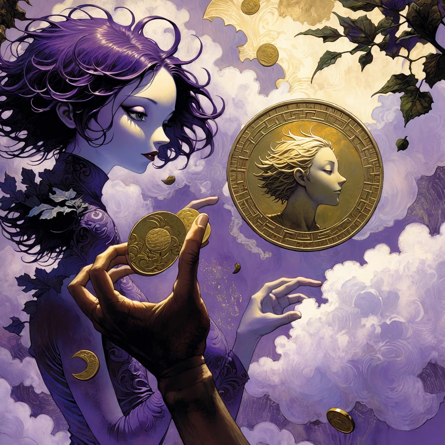 Over a leafy purple garden, a hand emerges from a cloud carrying a giant gold coin.(art inspired by Dave Mckean, intricate details, oil painting)
