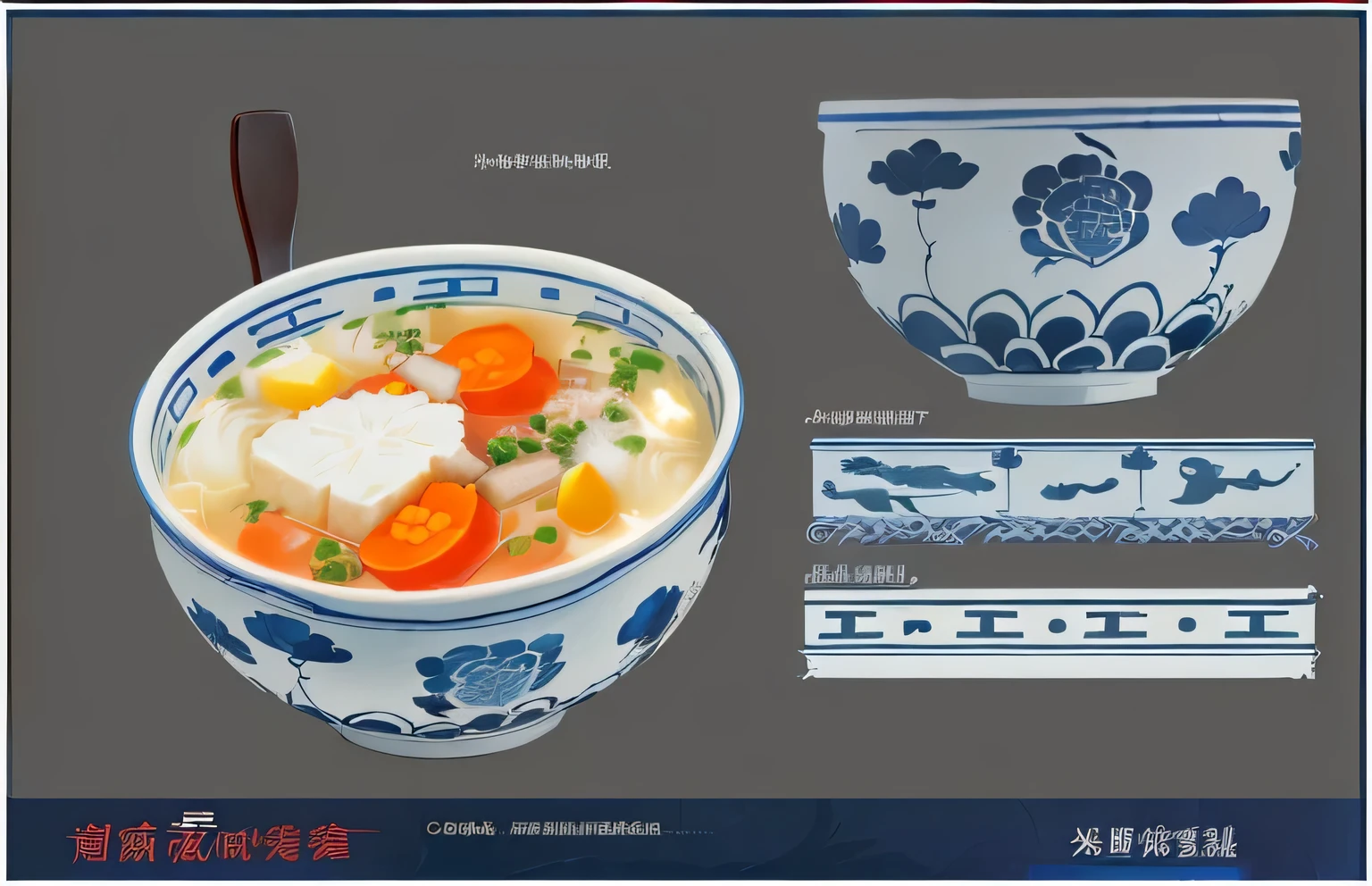 There is a bowl of soup with a spoon and a bowl of soup, Inspired by Chen Tingpo, Prop Design, Inspired by Xia Gui, Design Table, Game assets, Inspired by Gong Kai, Inspired by Li Kan, Inspired by Zhang Daqian, Concept Art illustration, Inspired by Ruan Jia, Inspired by Dong Yuan, Concept Art!