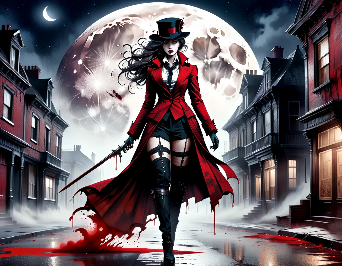 Illustration in red and black ink, distressed white paper, inkpunk, ink stains, ink splatter, drops, , empty street of a Victorian city and the figure of a woman in a suit, thighhighs, coat and cap with a revolver in her hand and a knife in the other emerging from shadow, moon, moonlight