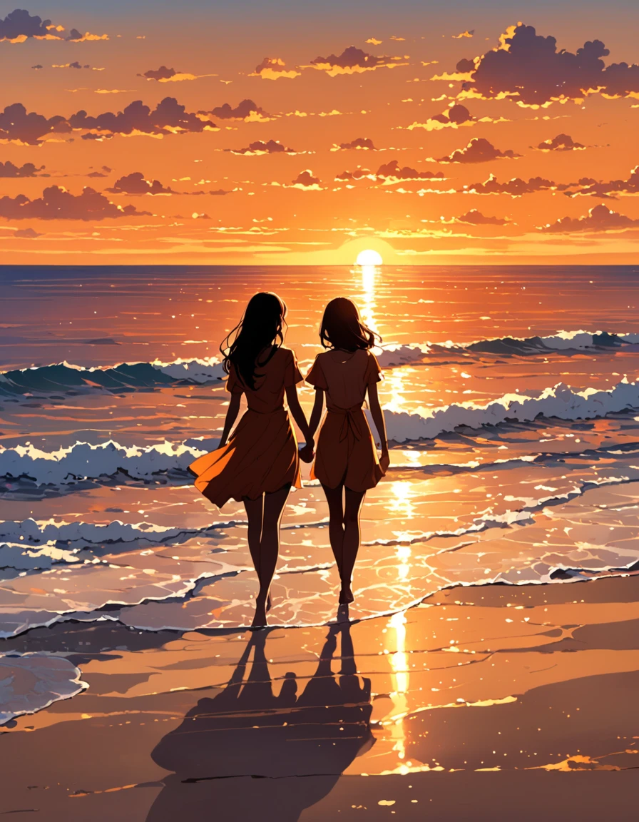 The setting sun pours down on the boundless sea like molten gold，The sky is painted with a gentle orange-red picture。seaside，The fine sand kisses the waves，A couple holds hands，Their figures were stretched out，The girl&#39;s long hair flutters in the wind，，A French bulldog curled up at their feet, masterpiece, Super Detail, High Detail