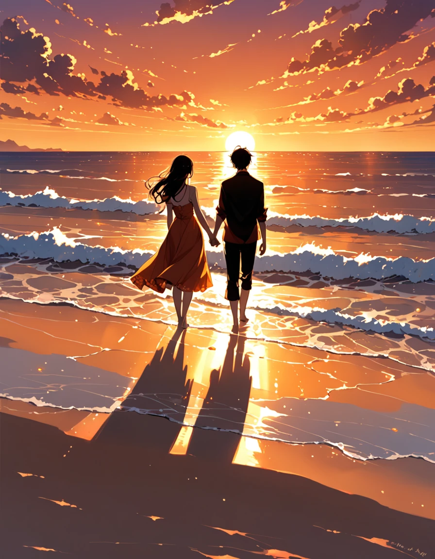 The setting sun pours down on the boundless sea like molten gold,The sky is painted with a gentle orange-red picture。seaside,The fine sand kisses the waves,A couple holds hands,Their figures were stretched out,The girl's long hair flutters in the wind,,A French bulldog curled up at their feet, masterpiece, Super Detail, High Detail