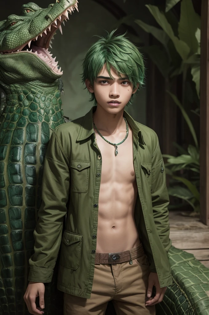 a male ager with green hair, sharped teeth, crocodile tail, with crocodile scales around the face, wearing messy brown clothes
