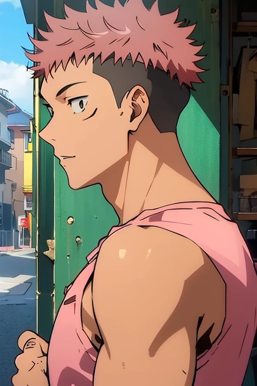 yuuji_itadori, pink hair, brown eyes, short hair, undercut, spiked hair