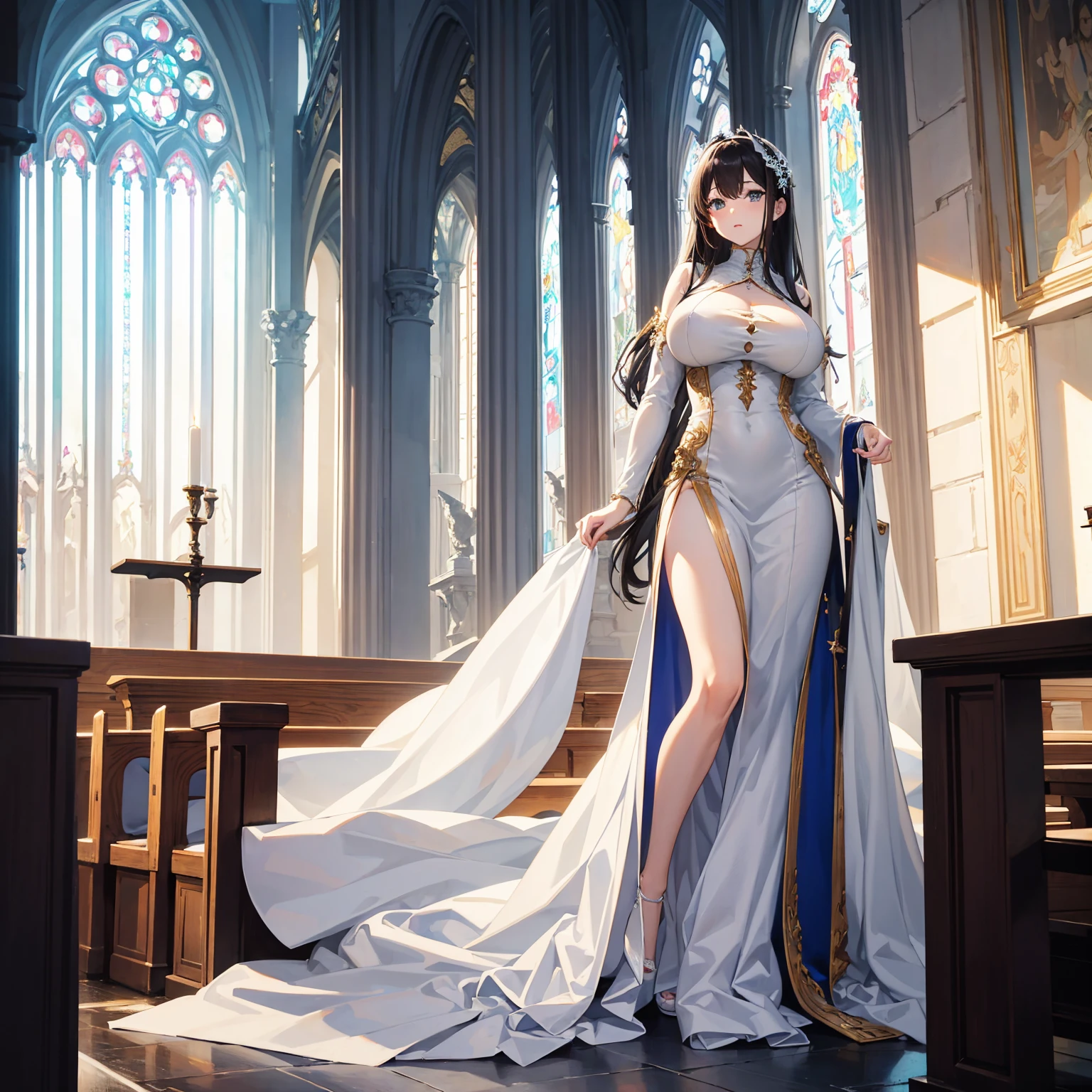 Waifu with large breasts wearing a long white dress, set in a church