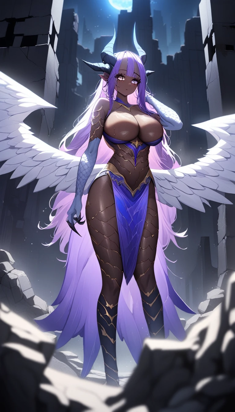 1 girl,standing alone,super detailed skin,shining skin,wet oiled skin,face natural,majestic wings, majestic horns,small claws, scaly skin, multicolored skin,deep, detailed eyes,eyelash, breasts big,Beautifully shaped breasts,swirly vibrant colors,standing,descending ,Night Ruins,hand in own hair,work of art,best qualityer,ultra detaild,high resolution,sharp focus,Depth of field,