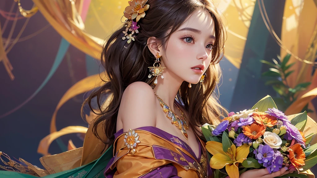 32K, 最高quality, 最高masterpiece, (ultra-Detailed Background, Detailed Background), High resolution, Super detailed, Very detailedな, One girl, (bouquet:1.3), (Tangled:1.2), (Geometric:1.2),(colorful),(masterpiece, quality, best quality, Official Art, Beautiful and beautiful:1.2), (1 girl:1.3), Very detailed,(colorful:1.1)(Flowers:1.3),Most detailed,(Tangled:1.2), whole body, (Abstract background:1.3), (Skin glows), (Many colors:1.4), ,(Earrings Jewelry:1.5), Pale Orange Background,