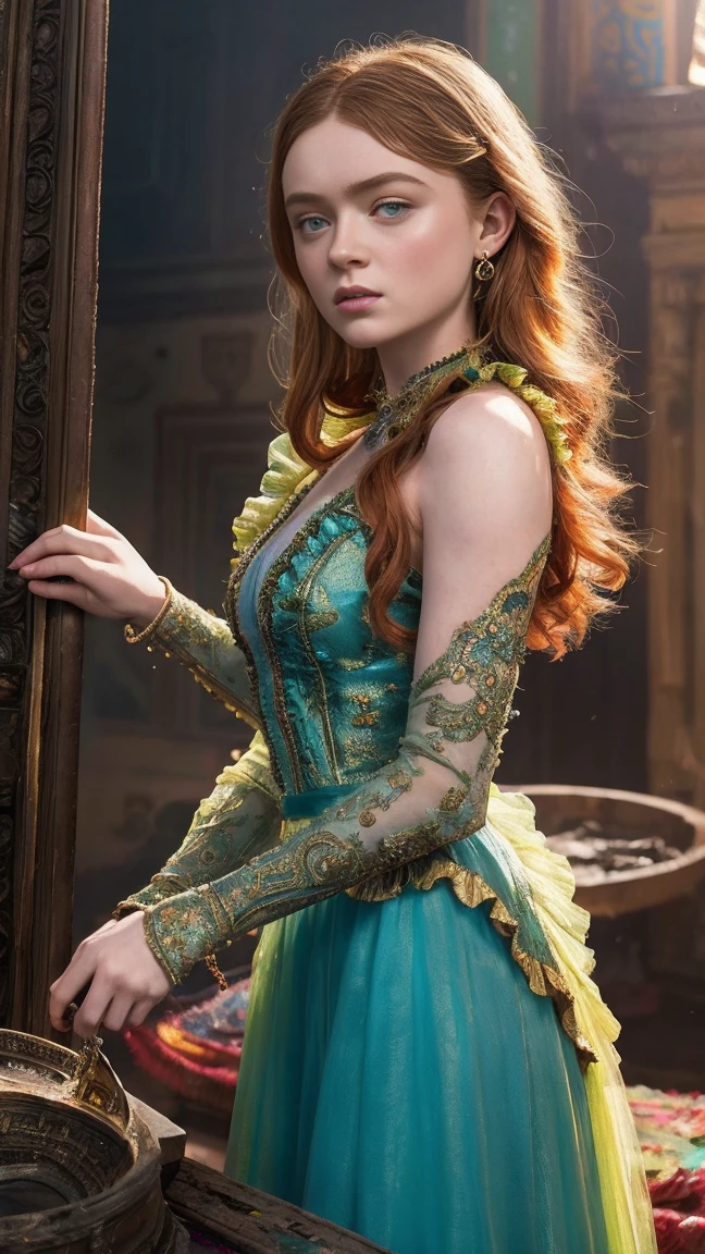 sadie sink, masterpiece, surreal, air_bubble, palms, Photorealistic painting art by Midjourney and Greg Rutkowski., astronomical phenomena, Intricate, Intricate, RAW color photo with high detail, 1 girl, extremely detailed, flores, ruffled dress, Clockwork, post apocalyptic ruined city, (art station:1.4), Elena de Avalor, oozing skin,