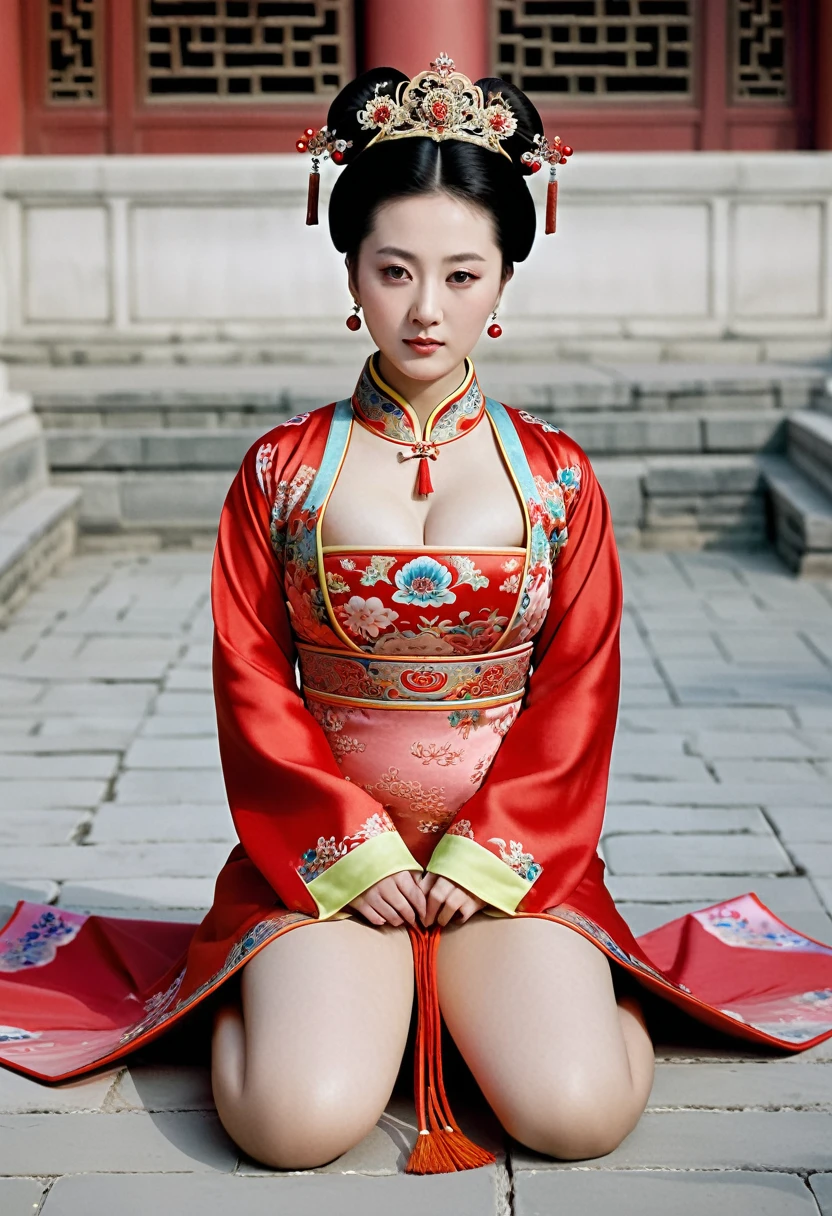 A woman seen from the front, sitting on the ground facing forward with her legs apart. Empress of the Qing Dynasty, Chinese imperial court. The Chinese empress is wearing a crown and a red Manchu dress with a floral pattern, open at the front, exposing her chest, lower abdomen, thighs and feet.。She is wearing no underwear, and her large are exposed, right down to her bare stomach. Her hair is tied uplled up, and the background is the stone pavement of the Chinese palace of the Qing Dynasty.