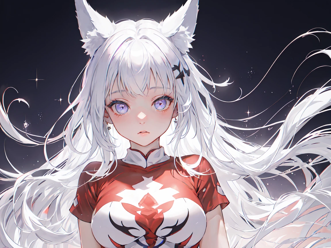 1 girl, Medium sized breasts, Starry Eyes, (8k, RAW Photos, High sensitivity, Highest quality, masterpiece, Ultra High resolution, realism: 1.25), blush, (Very Detailed CG Unity 8k Wallpaper, Highest quality, High resolution: 1.2), (Ultra_detailed, 超High resolution: 1.2), Perfect lighting, Individuality, (1 girl: 1.4), (pretty girl: 1.2), Unreal Engine, Side light, Gray Hair, Fox Ears, Purple eyes, Perfect Face, detailedな顔, Perfect body, Beautiful Eyes, Beautiful Face, (Light Skin: 1.4), Idol, (whole body), Red T-shirt, transparent,