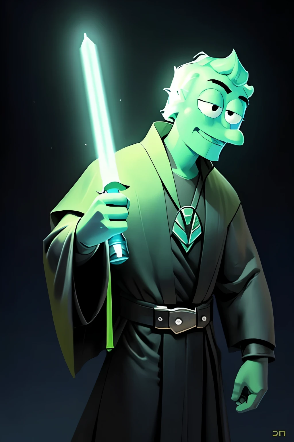 (Ultra detailed), a captivating and meticulously crafted full-size portrait of SpongeBob, transformed into a Jedid Knight. With his iconic yellow squidward suit now replaced by a shimmering Jedi robe, complete with a lightsaber in his right hand and a vestigial fishbowl on his belt. His expression radiates serenity and determination, embodying the spirit of the Jedi Order. The lightsaber blade glows vividly against the dark backdrop, casting intricate shadows that enhance the realistic depiction of the scene. SpongeBob's facial features are rendered with unparalleled precision, capturing his unfor