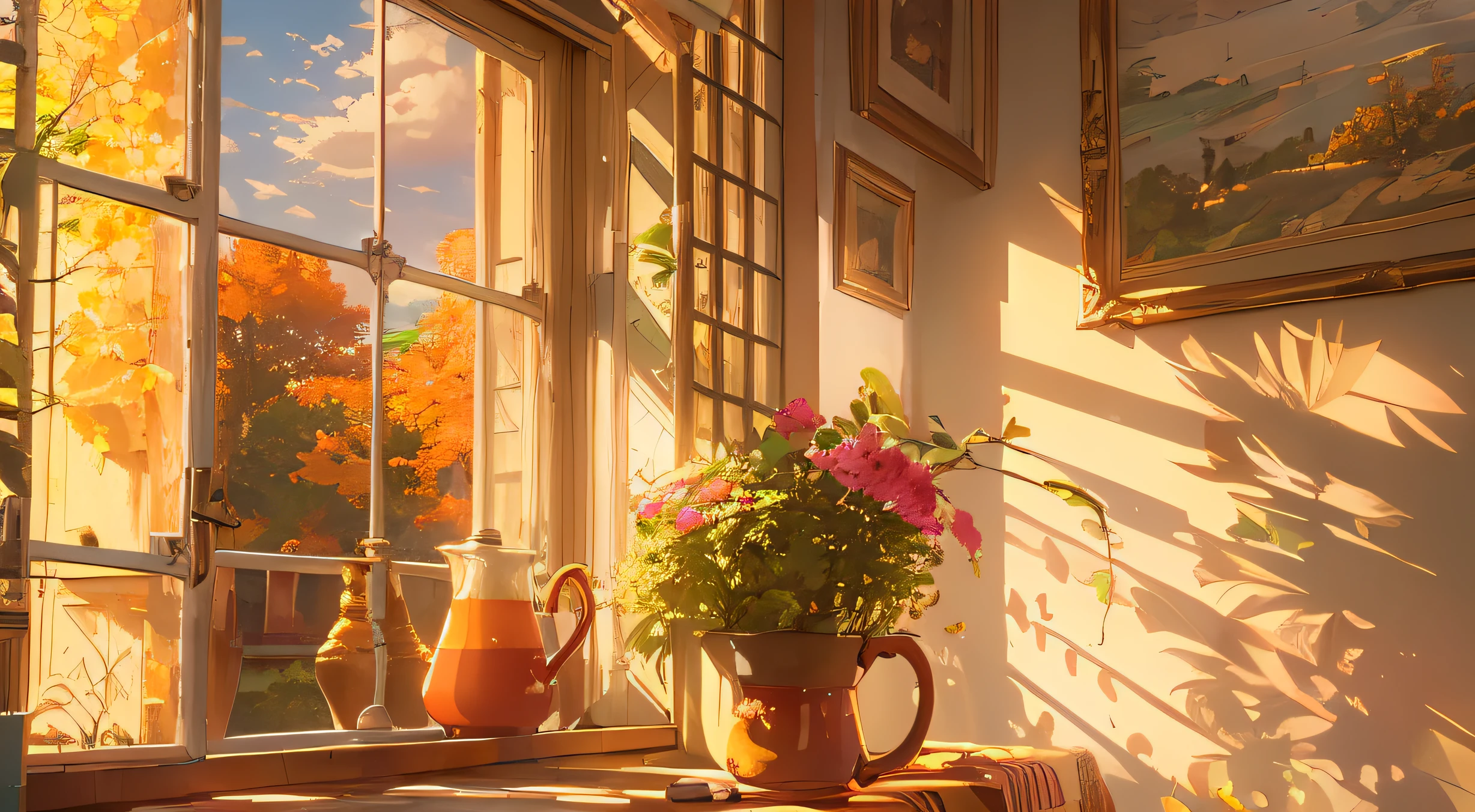 There is a cup of coffee and toast on a table,  Next to&#39;a window, Sunny amber morning light, beautiful warm scene, early morning mood, soft morning light, Warm environment, sweet sun&#39;autumn, golden morning light, Great atmosphere, radiant morning light, warm and peaceful, Warm environment, in the morning light, hour ofu matin, Time of&#39;morning gold à Turkel,  Warm environment, in the morning light, hour ofu matin, hour of&#39;morning gold, 90 ghibli anime homemade cozy background
