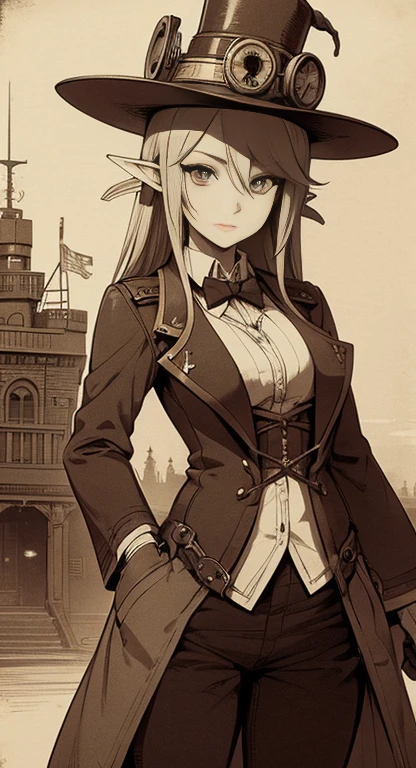 Sophisticated Hylia, hat, steampunk suit, airship, muted colors, red filter, old worn photo, faded ink,