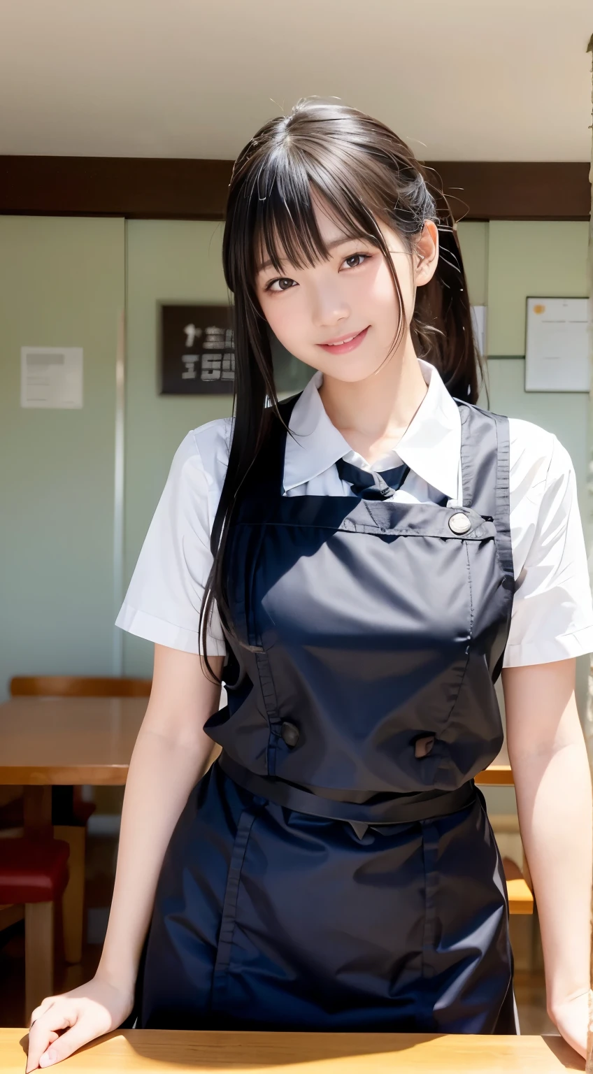 (Highest quality,masterpiece:1.3,Ultra-high resolution,),(Very detailed,Caustics),(Realistic:1.4,RAW shooting,)Ultra-Realistic Capture,Very detailed,High resolution 16K human skin closeup。 Natural skin texture、,pores、、、、It must be detailed enough to be easily identifiable。 Skin tone is even and healthy looking。 Use natural light and colour,restaurant,Waitress Uniform,1 girl,Japanese,18-year-old,cute,Black-haired,ponytail,Big Breasts,smile,Turn your body forward,(Front view:1.1),Looking into the camera,Cowboy Shot,