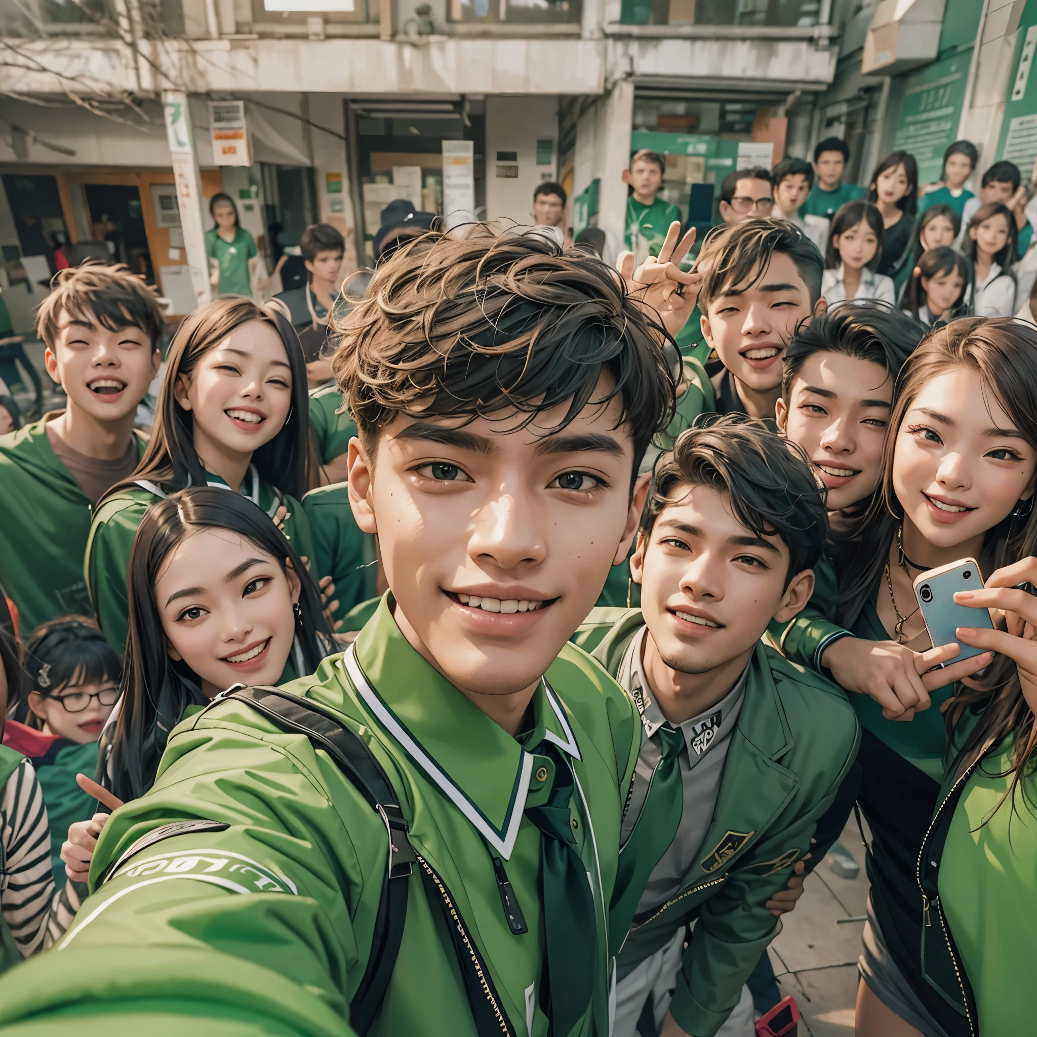 A high school boy in a green uniform, who is the popular leader of his class with a gal-like vibe. He is confidently taking a selfie with his smartphone while recording a video with his friends. The scene captures his charismatic and stylish presence as he poses and interacts with his peers, who are also enjoying the moment and participating in the video. The background shows a casual and lively setting, highlighting his role as a trendsetter and leader.