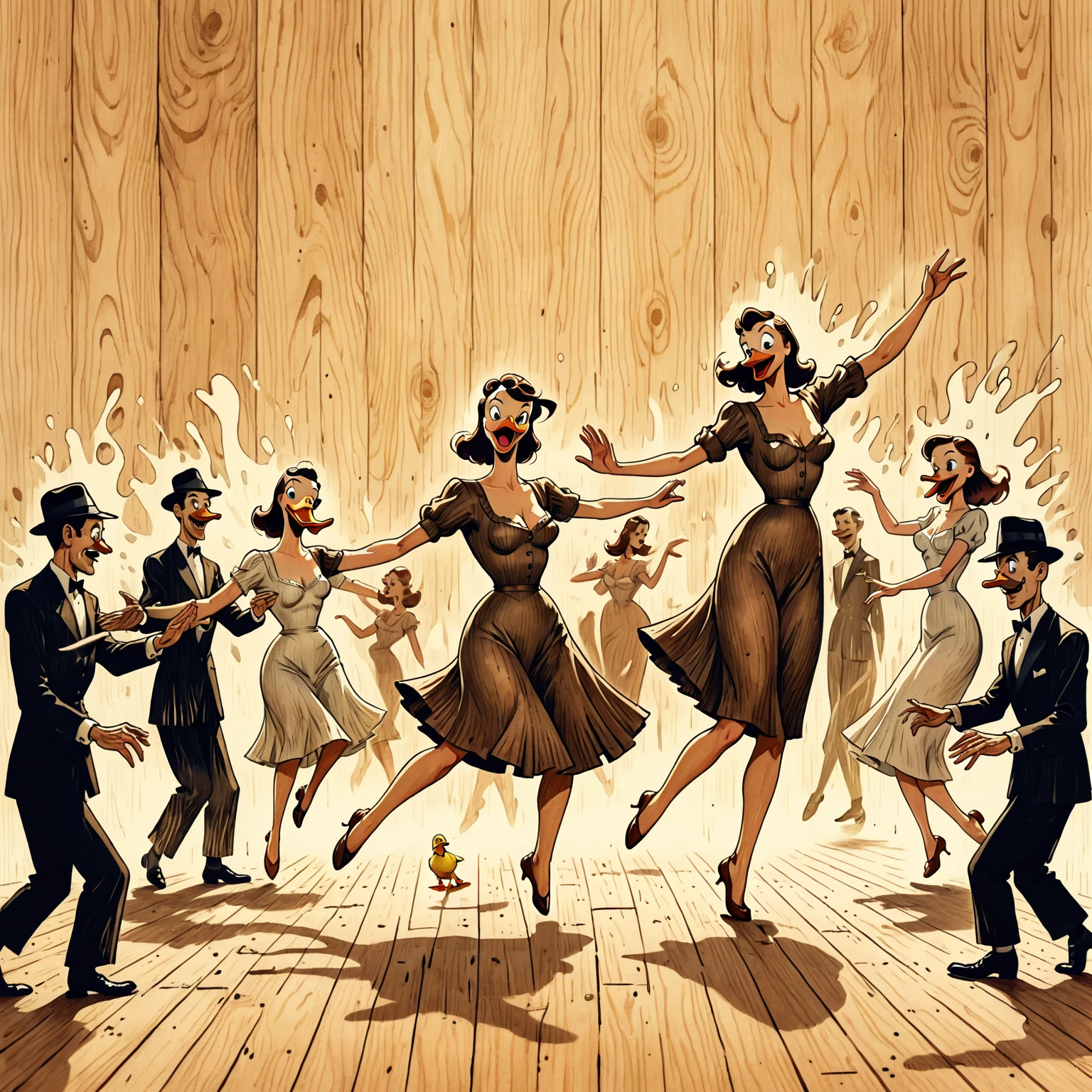 dim glow, wood burning art, natural wooden color tones, wooden texture, absurd, silly, dance, duck dance, 1990's rotoscope, hand drawn, dancing, cartoonish, stylish, expressive bold ink line style splash page cover art, 1940's watercolor, cohesive singular concise illustration film screengrab, minimal, serene, perfect, strange, candid, cinematic, surreal
