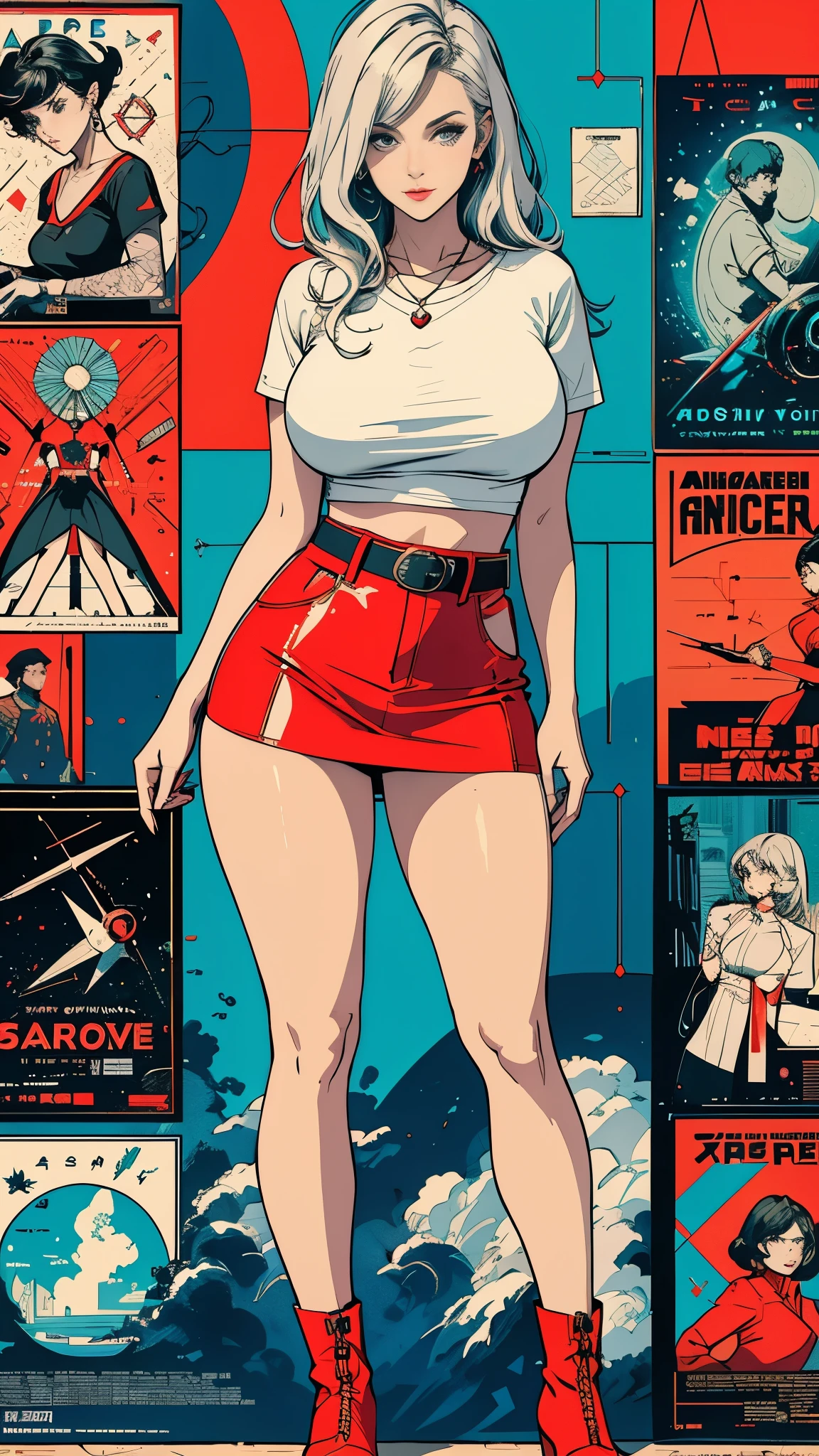 ((masterpiece, Highest quality)), 32K Wallpapers, Very detailed, Poster, Vintage science fiction, 1960s,(((geometric cinematic movie Poster))), (Bauhaus), shape,Abstract, Midcentury Modern, movie Poster, Vintage, Perfect Lady,1970s, Halftone, Speech bubble, (((portfolio,close))), Tall and straight silver hair, long hair, mature girl, Sexy, Large Breasts, Medium Neck, He is wearing a plain, tight short-sleeved U-neck T-shirt., She completely exposed her midsection, She is wearing mini skirt, She is wearing little red boots, she wears a large belt with a red heart-shaped buckle, She exposed her navel, beautiful abdomen, Beautiful thighs, Long and slender thighs, Looking at the camera, whole body