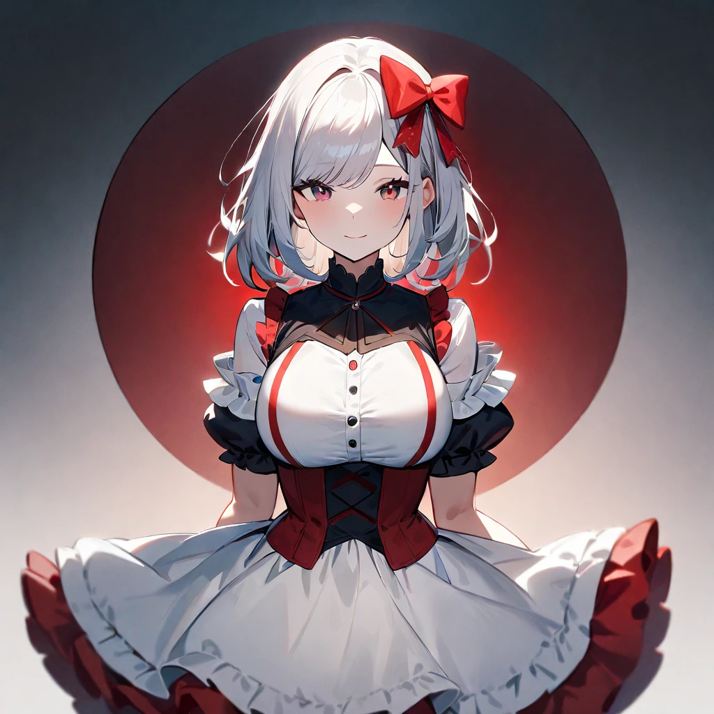 1girl,Solo,White hair,Blue and red, swept bangs,straight-on,medium hair,big breast,masterpiece, best quality,very aesthetic,absurdres,(hair bow),(Low brightness),(frill dress),(red),(light smile),