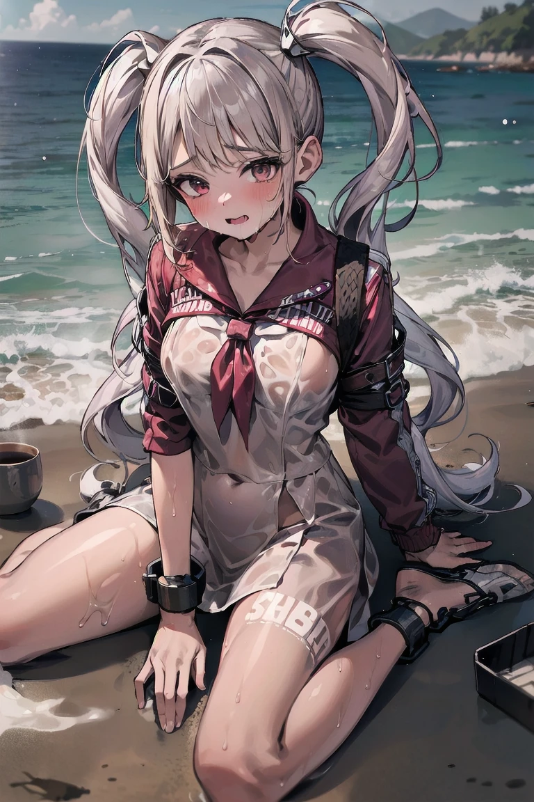 steam、NFSW、girl、一人のgirl、cute、small breasts、13 years old、Beauty、Highest quality、lovely、girlだけ、Sailor suit、mini skirt、Drooling、Milk tea brown hair、Fluffy hair、Light brown eyes、Wet、Ocean、Beach、Splash、healthy、See-through、restrained, shackles、White Skirt、Flip up your skirt、Sitting