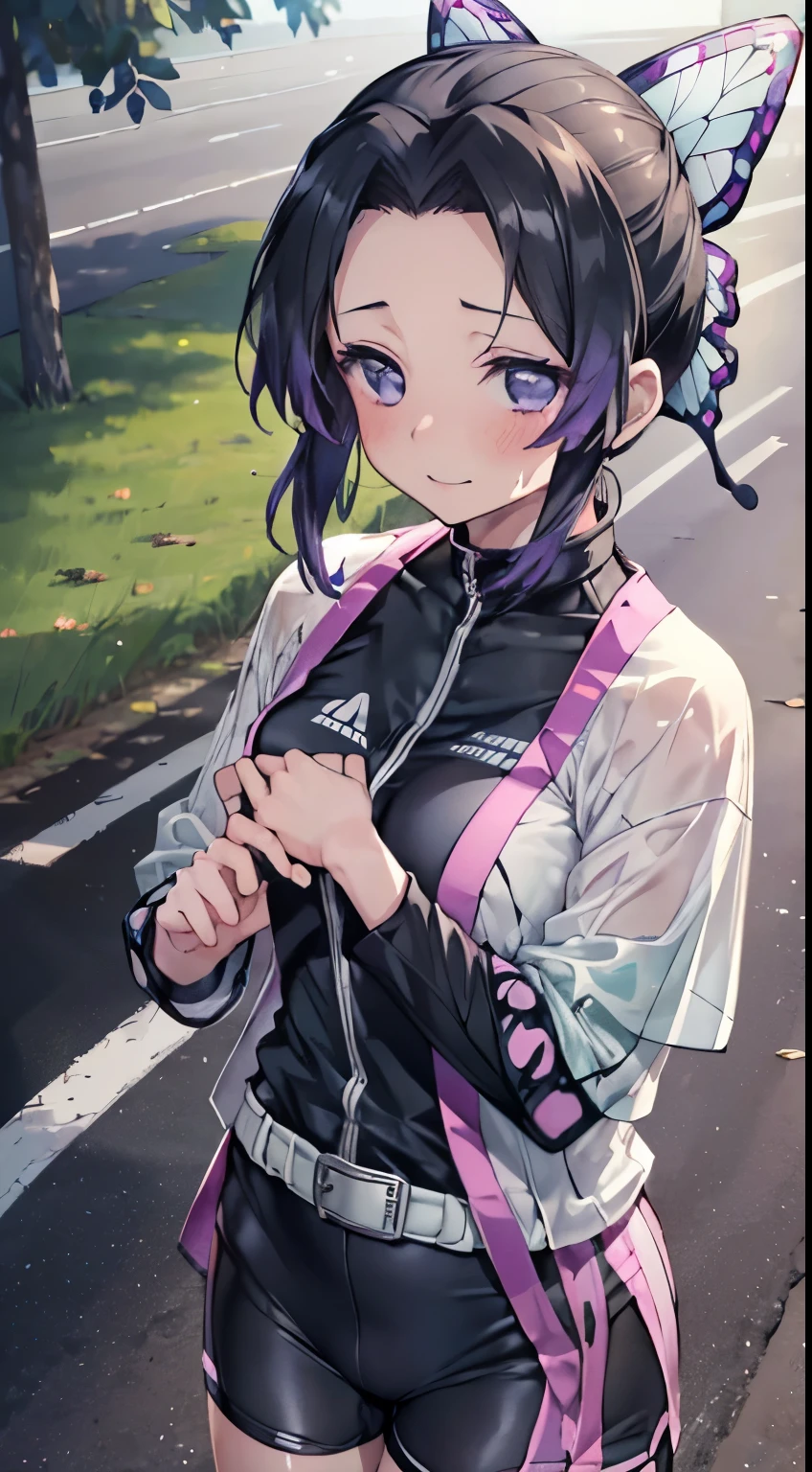 kochou shinobu, (((((Road bike))))), (((Cycling Shorts, Cycling shirts))), (((bicycleに乗る))), whole body, boost mood, Ultra-realistic 8K CG,masterpiece,, ((Highly detailed background,Delicate pattern,Intricate details, Fine and beautiful eyes)),The best quality in the best condition,とてもとてもとても詳細なface, Highly detailed eyesとface,Highly detailed eyes,kochou shinobu,Multicolored Hair,No bangs,Hair Intake,, Purple eyes,,butterfly,band,(熱band庭園:1.2),Purple Flower,mostly cloudy null,Tyndall effect,slope_null,face,beautiful null,,Seductive posture,(Cleavage:1.3), woman,15 years old,Road bike,No underwear, cute, (((Cycling Shorts))),,Laughing with your mouth open, ((Sweat))(See through),((bicycle)),((Black Hair)),blush,((Recall))(Sweatで濡れた)Reflecting the buttocks,bicycleのスパッツ, Mountain