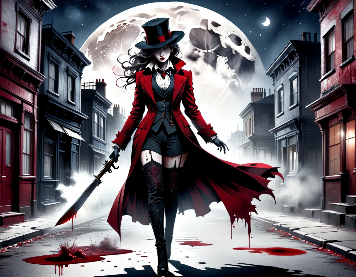 Illustration in red and black ink, distressed white paper, inkpunk, ink stains, ink splatter, drops, , empty street of a Victorian city and the figure of a woman in a suit, thighhighs, coat and cap with a revolver in her hand and a knife in the other emerging from shadow, moon, moonlight