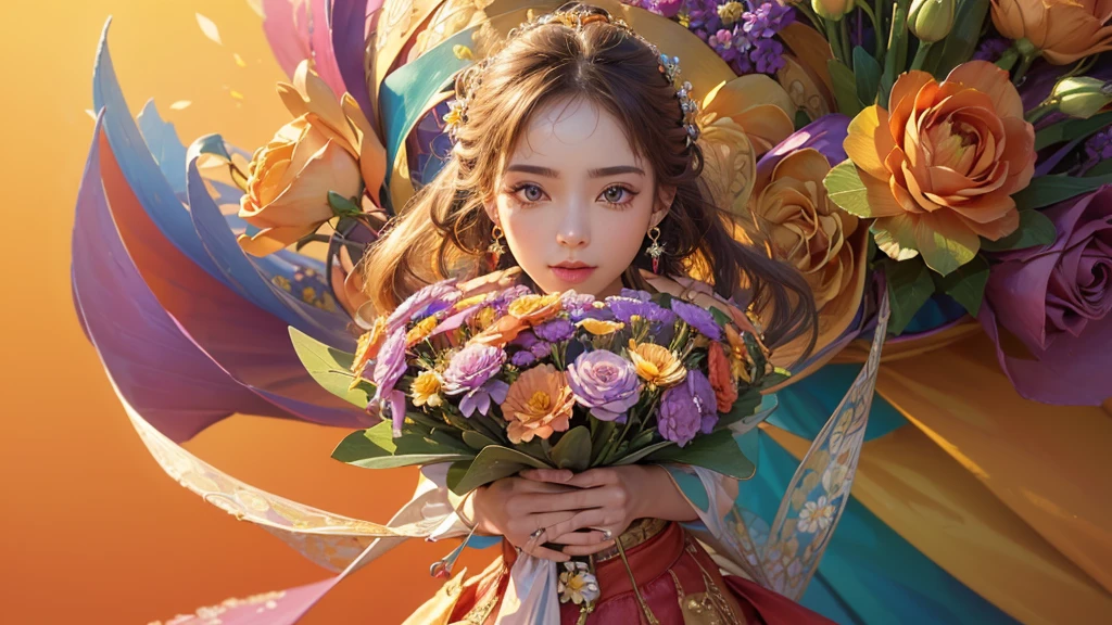 32K, 最高quality, 最高masterpiece, (ultra-Detailed Background, Detailed Background), High resolution, Super detailed, Very detailedな, One girl, (bouquet:1.3), (Tangled:1.2), (Geometric:1.2),(colorful),(masterpiece, quality, best quality, Official Art, Beautiful and beautiful:1.2), (1 girl:1.3), Very detailed,(colorful:1.1)(Flowers:1.3),Most detailed,(Tangled:1.2), whole body, (Abstract background:1.3), (Skin glows), (Many colors:1.4), ,(Earrings Jewelry:1.5), Pale Orange Background,