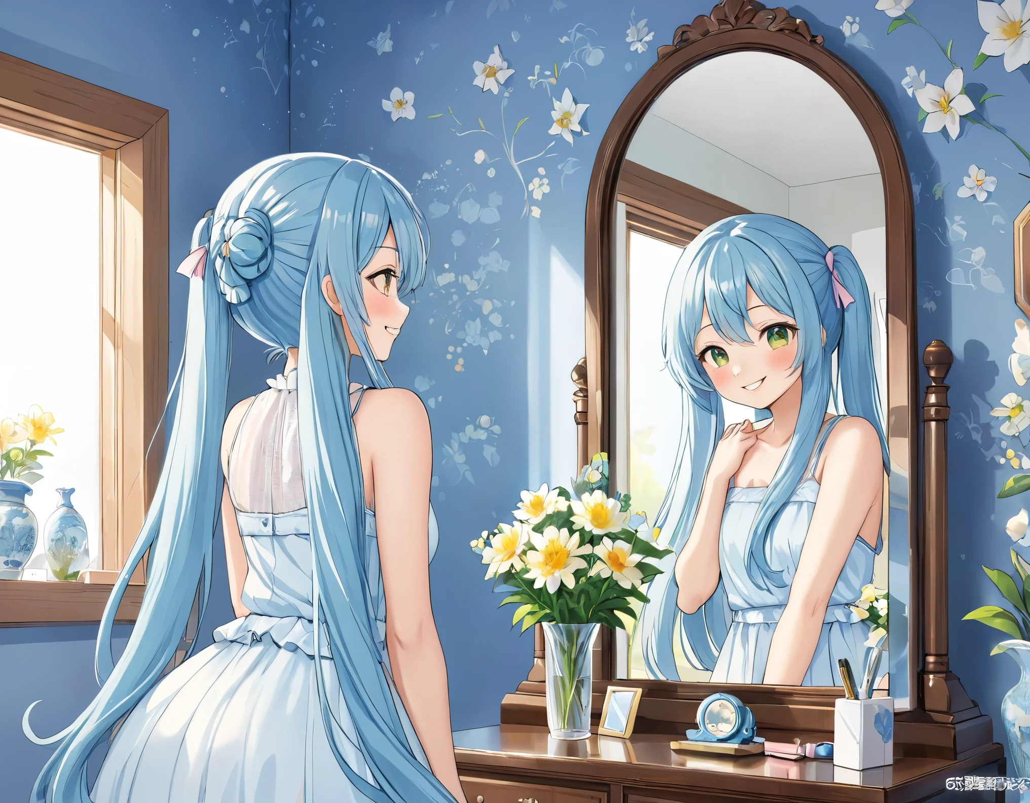 A cute room filled with margaret flowers、Light blue long hair、Twin-tailed Girl、A bright, sunny room、Smiling at the mirror、A girl is reflected in the mirror、