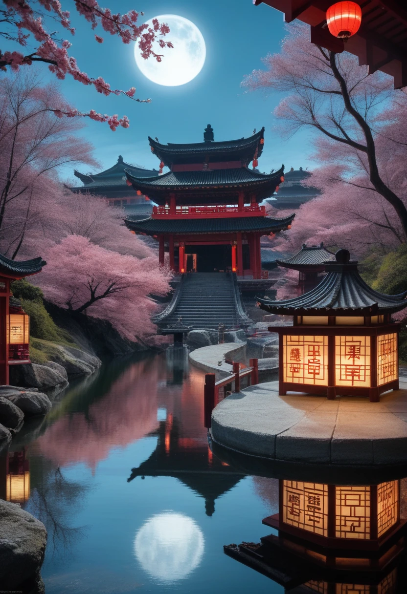 (best quality,4k,8k,highres,masterpiece:1.2),ultra-detailed,(realistic,photorealistic,photo-realistic:1.37),Chinese ancient landscape,neon lights,traditional Chinese architecture,traditional Chinese garden,koi pond,cherry blossom trees,full moon,lanterns,reflections,atmospheric lighting,vibrant colors,cinematic composition