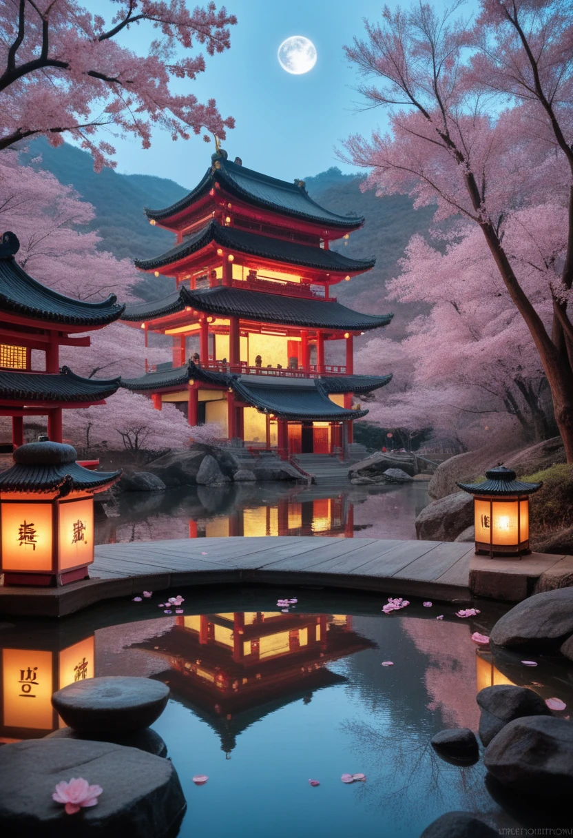 (best quality,4k,8k,highres,masterpiece:1.2),ultra-detailed,(realistic,photorealistic,photo-realistic:1.37),Chinese ancient landscape,neon lights,traditional Chinese architecture,traditional Chinese garden,koi pond,cherry blossom trees,full moon,lanterns,reflections,atmospheric lighting,vibrant colors,cinematic composition