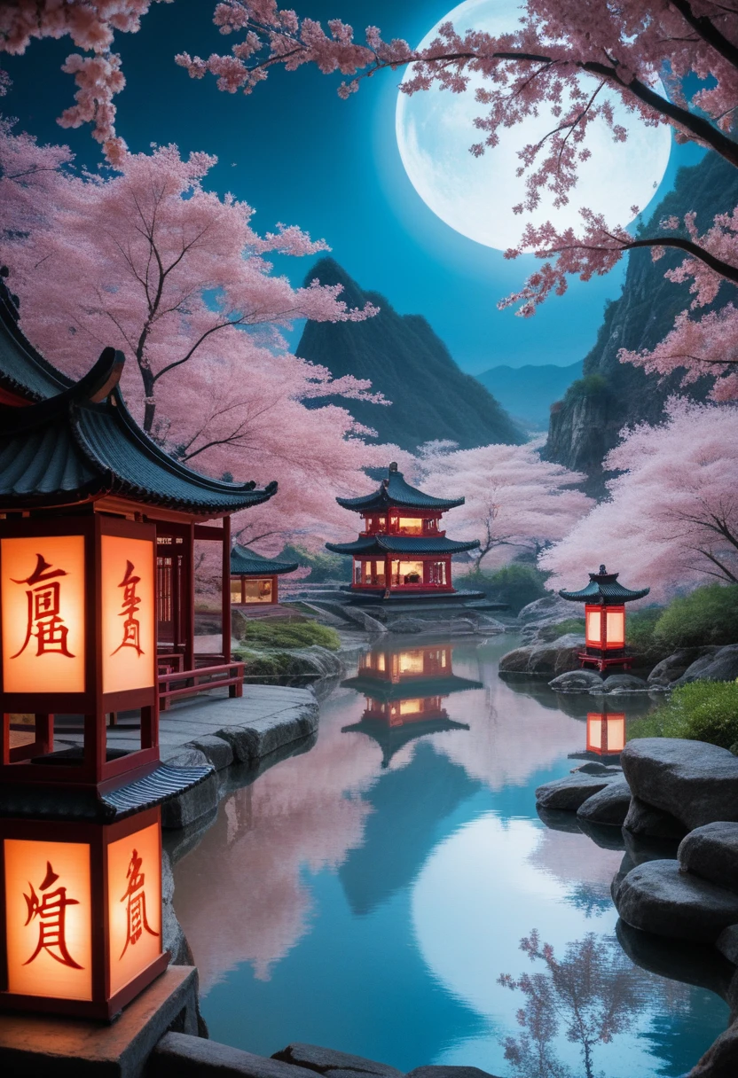 (best quality,4k,8k,highres,masterpiece:1.2),ultra-detailed,(realistic,photorealistic,photo-realistic:1.37),Chinese ancient landscape,neon lights,traditional Chinese architecture,traditional Chinese garden,koi pond,cherry blossom trees,full moon,lanterns,reflections,atmospheric lighting,vibrant colors,cinematic composition