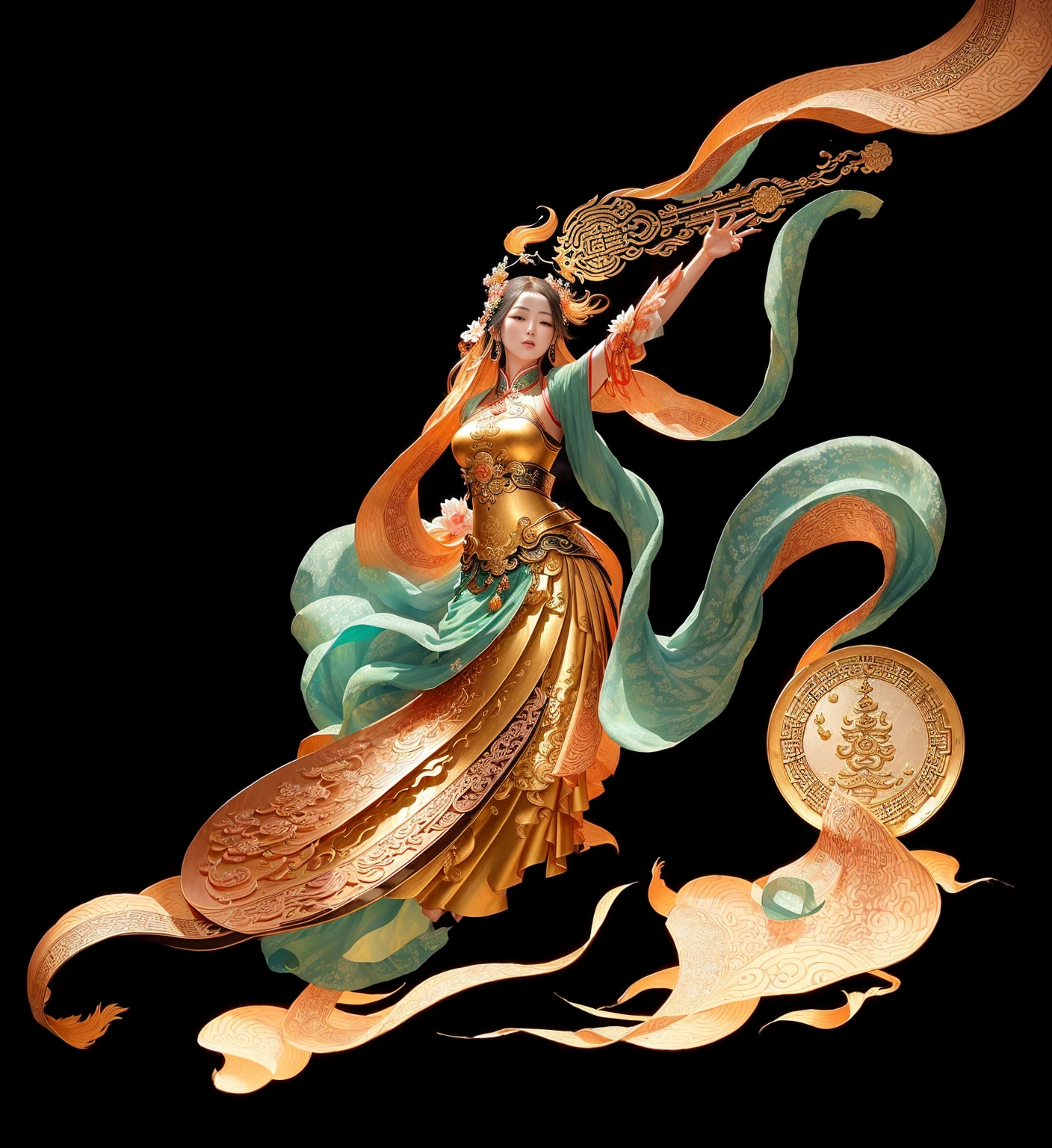 There is a lady playing a musical instrument in the air, Chinese Goddess, Nanhai Guanyin, Chinese Art Style, Goddess of love and peace, A beautiful artistic illustration, The goddess of the hunt and the moon, Chinese Mythology, author：Yang J, Inspired by Ji Yunfei, Beautiful fantasy queen, Beautiful rendering of the Tang Dynasty