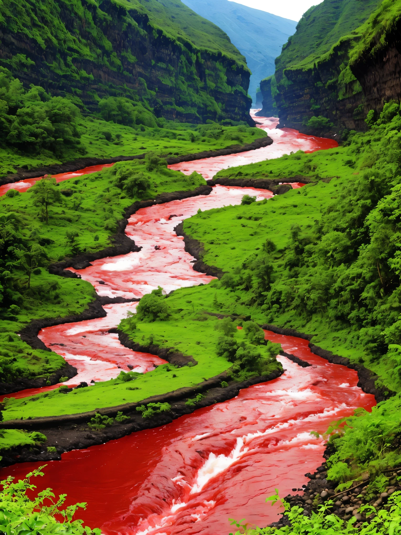 arafed stream of red water flowing through a lush green valley, lava river, red lava rivers, bloody river in hell, some red water, one million lave rivers, river of blood, lava rivers, pink slime everywhere, rivers of blood, red water, cant believe it is real, with a river running through it, vortex river