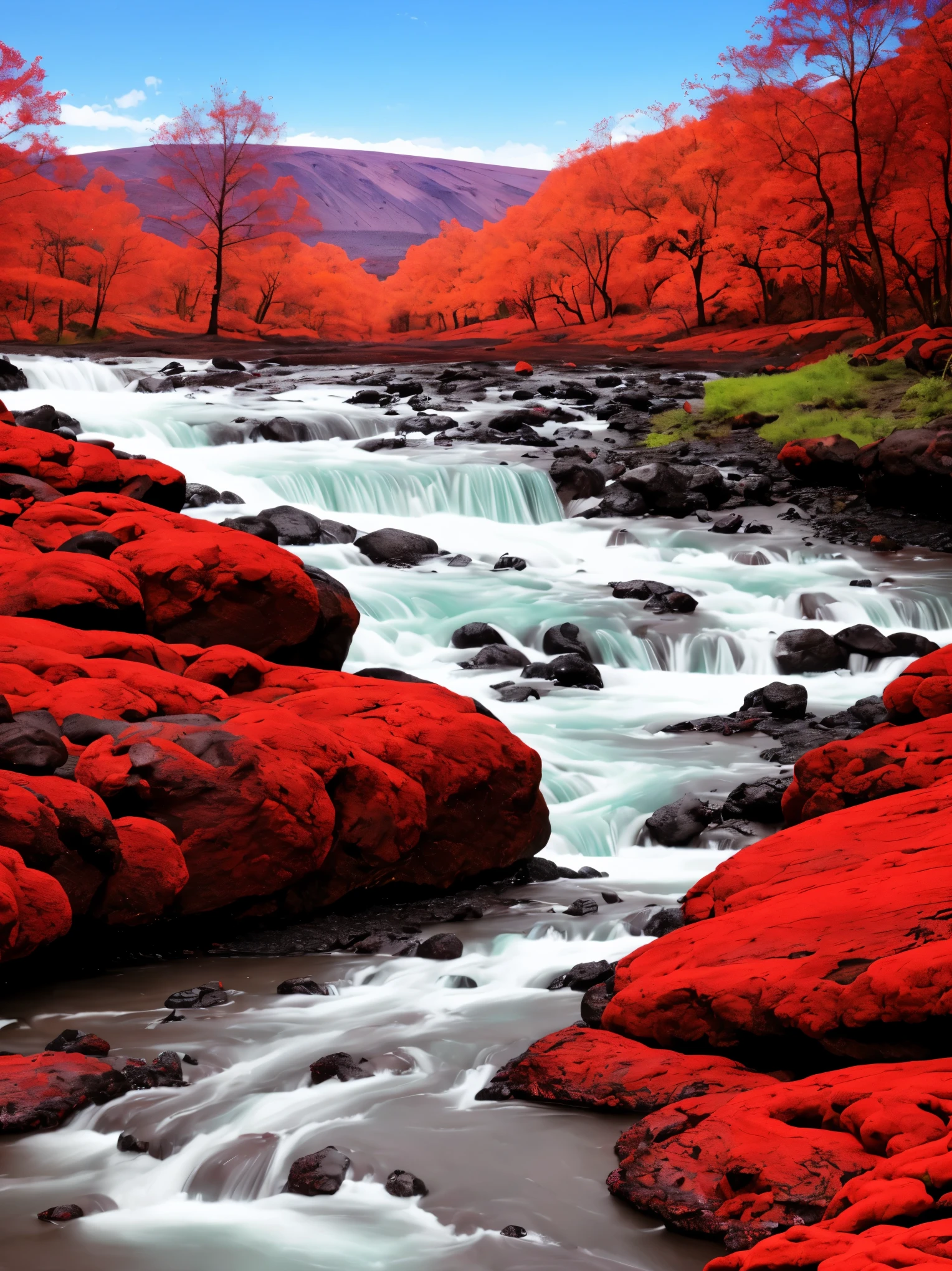 arafed stream of red water flowing through a lush green valley, lava river, red lava rivers, bloody river in hell, some red water, one million lave rivers, river of blood, lava rivers, pink slime everywhere, rivers of blood, red water, cant believe it is real, with a river running through it, vortex river