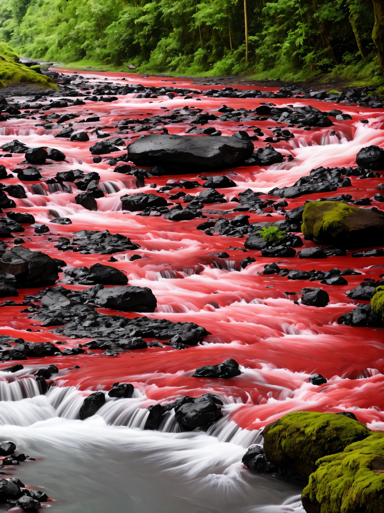 arafed stream of red water flowing through a lush green valley, lava river, red lava rivers, bloody river in hell, some red water, one million lave rivers, river of blood, lava rivers, pink slime everywhere, rivers of blood, red water, cant believe it is real, with a river running through it, vortex river